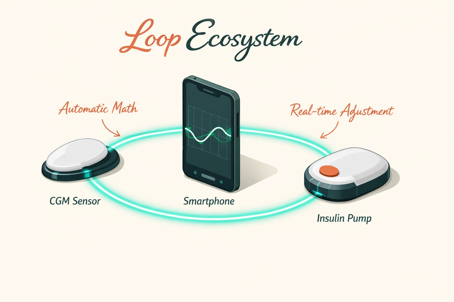 Schematic of a DIY closed loop diabetes system connecting a CGM, smartphone, and insulin pump.