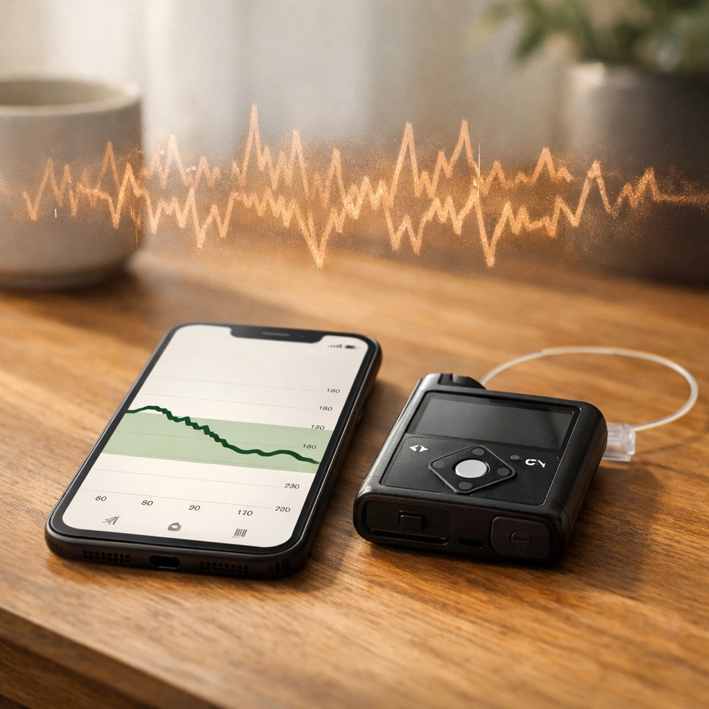 Insulin pump and phone app with glucose data, showing the stress and pings of diabetes tech fatigue.