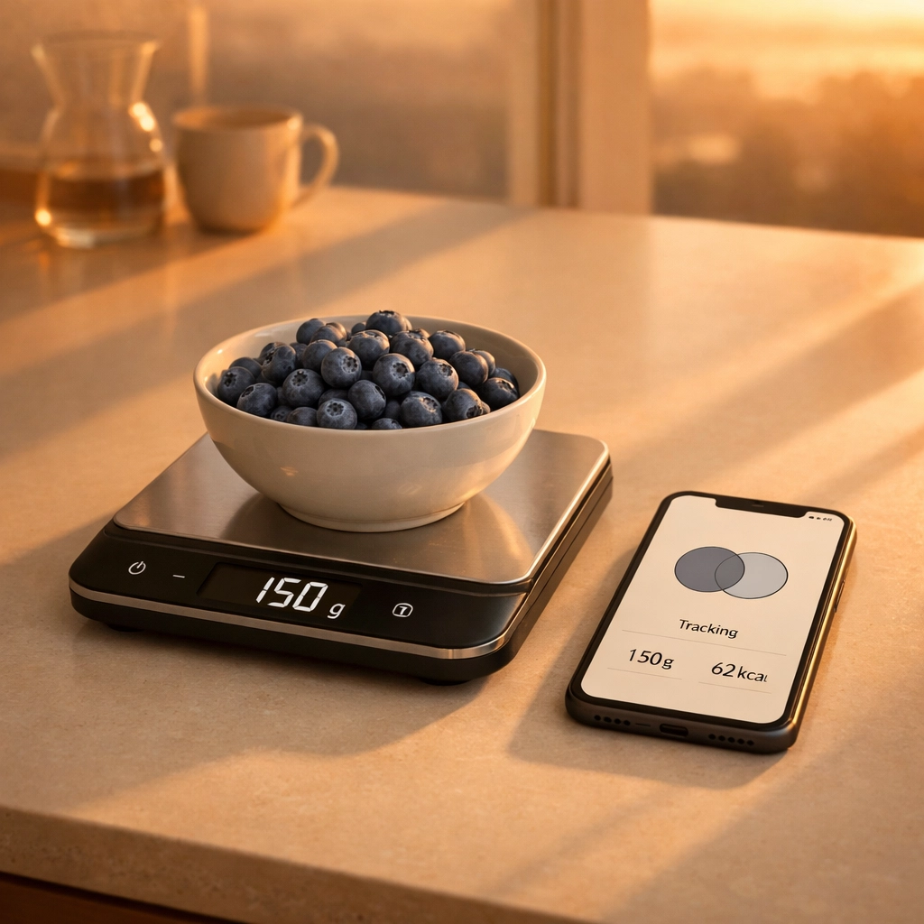 Using a digital food scale and smartphone app for accurate carb counting at home.