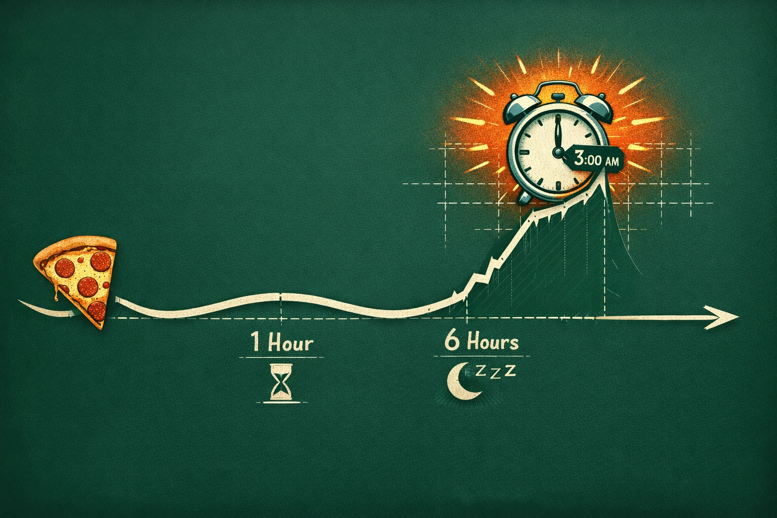 Timeline illustrating the pizza effect and delayed high blood sugar rise overnight.