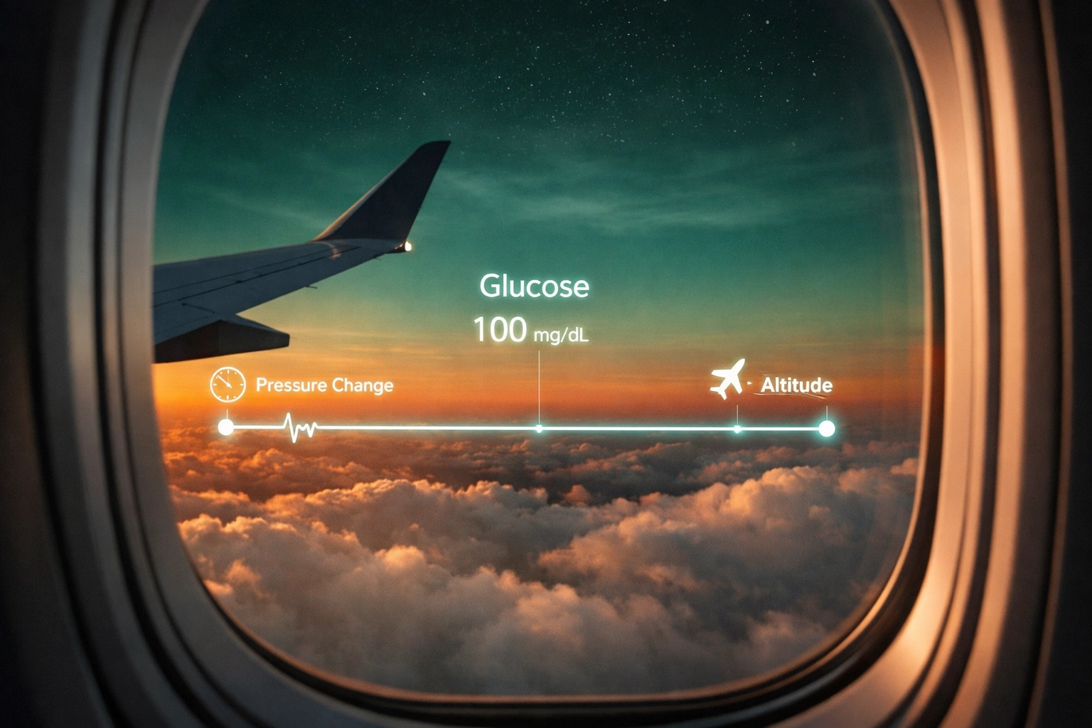 Stable glucose trend line over an airplane wing representing successful blood sugar management during a flight.