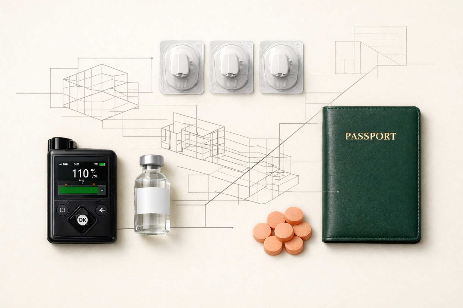 Organized Type 1 diabetes travel supplies including an insulin pump, CGM sensors, and passport.