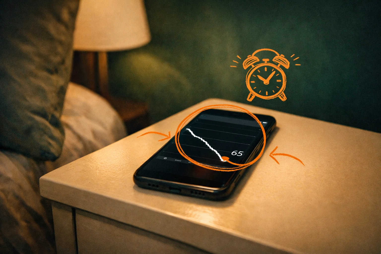 A smartphone on a nightstand displaying a CGM alert for a child with T1D during nighttime management.