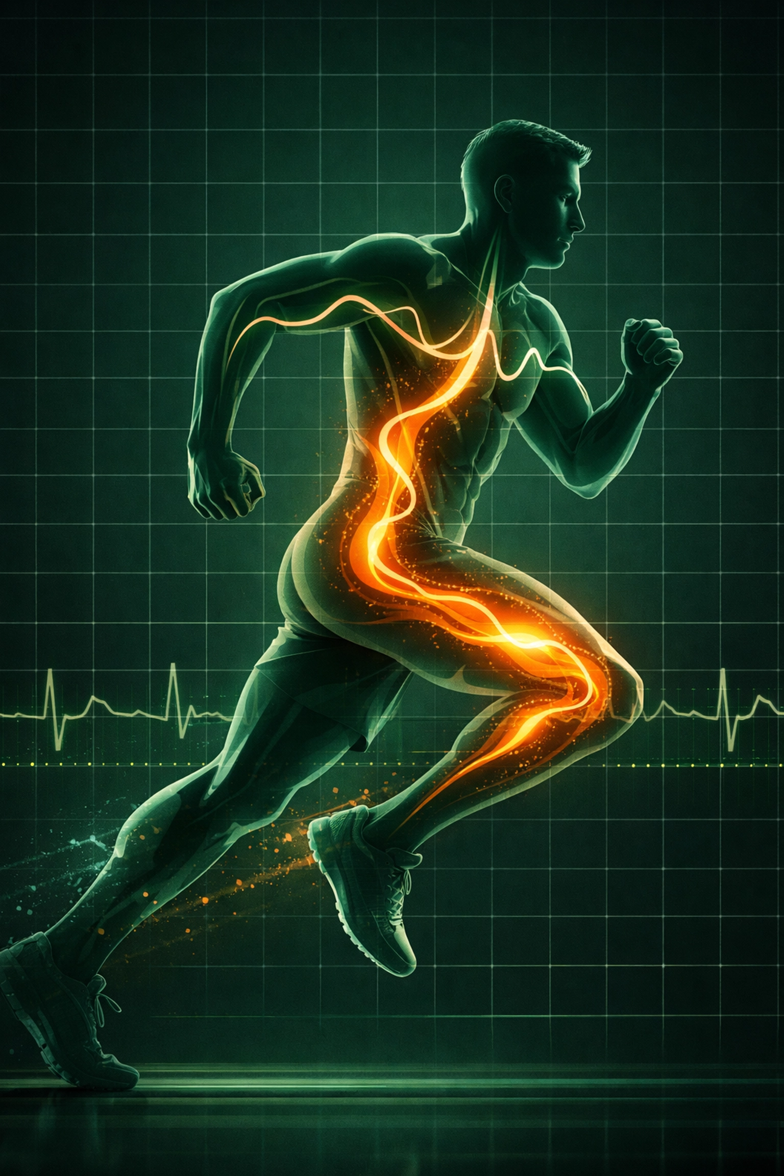 Abstract view of insulin and glucose balance in a T1D runner mid-stride to illustrate exercise physiology.