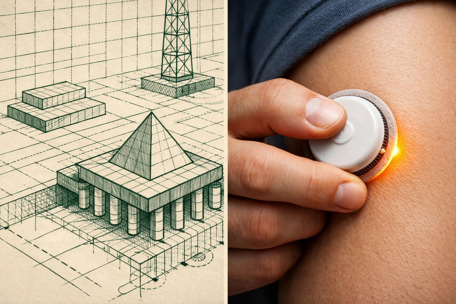 A hand holding a CGM sensor next to a technical blueprint for long-term type 1 diabetes management.