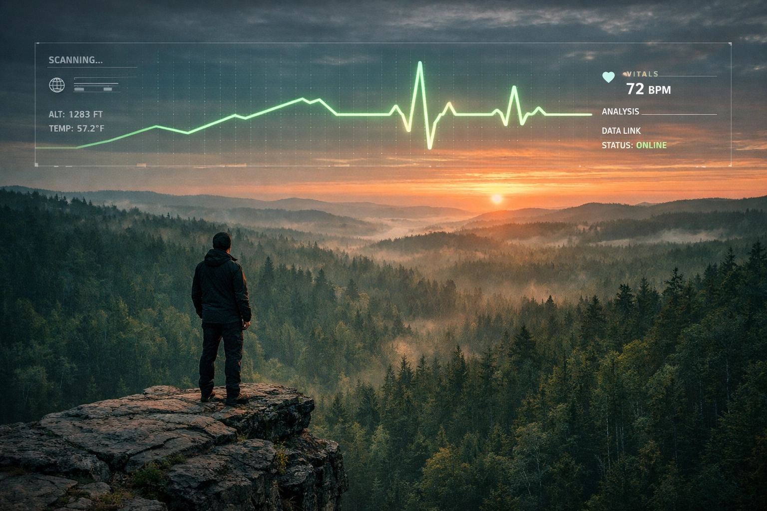A person overlooking a forest with a steady blood sugar trend line, representing freedom through T1D technology.