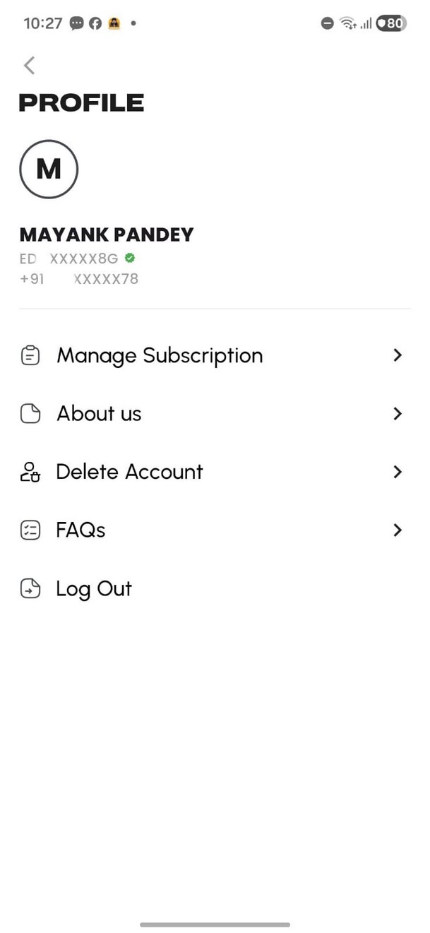Profile menu showing Delete Account option
