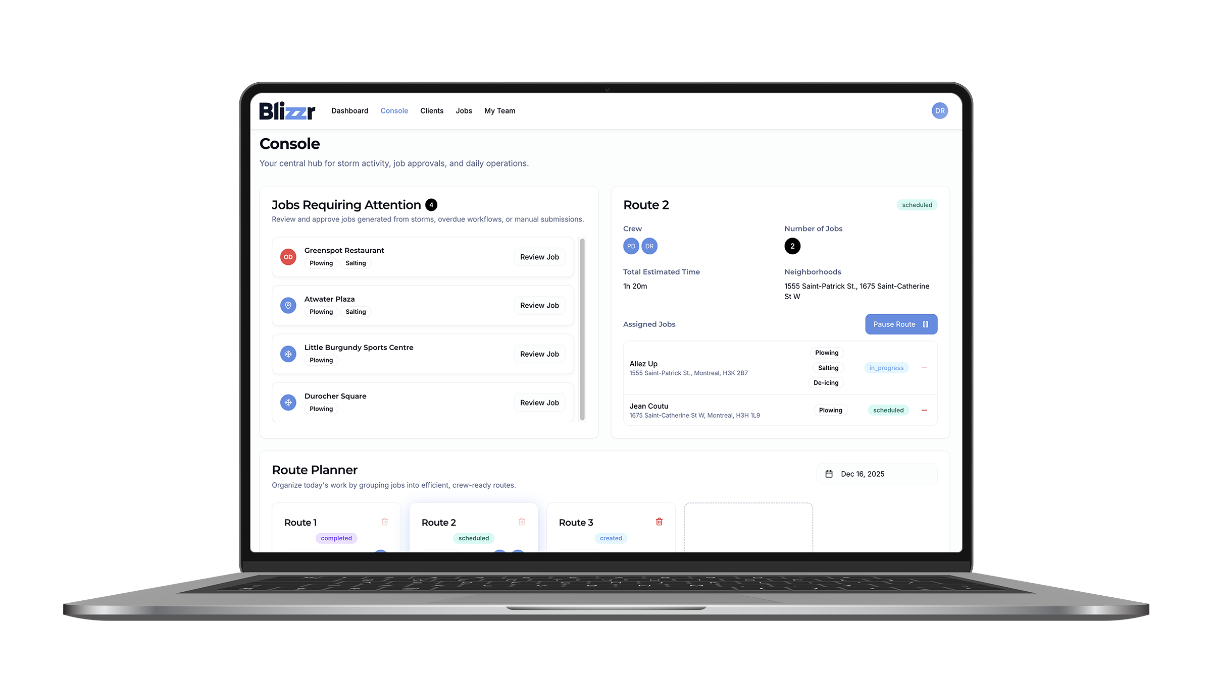 Blizzr console showing jobs, routes, and crews