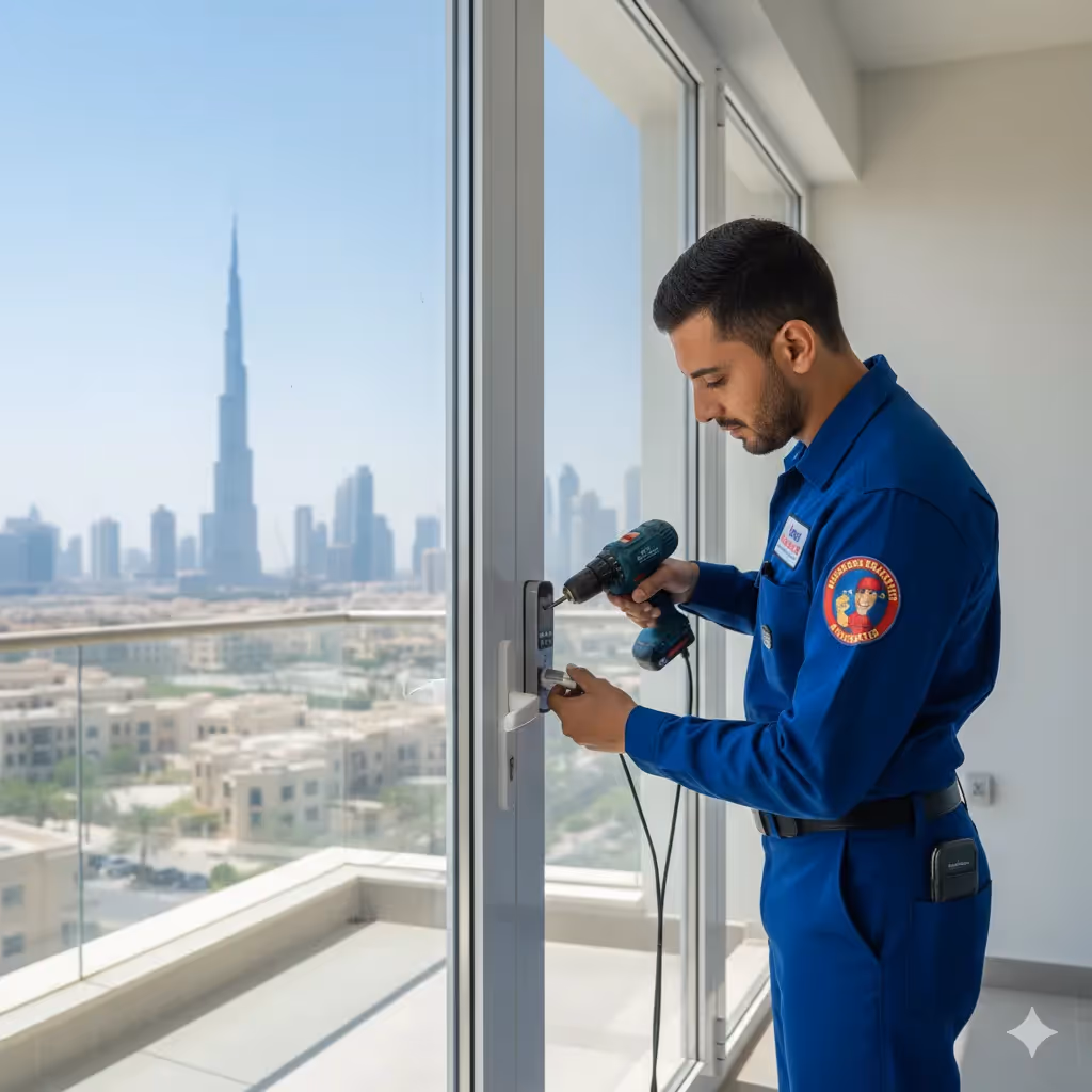 Technician repairing sliding patio door lock in Dubai apartment