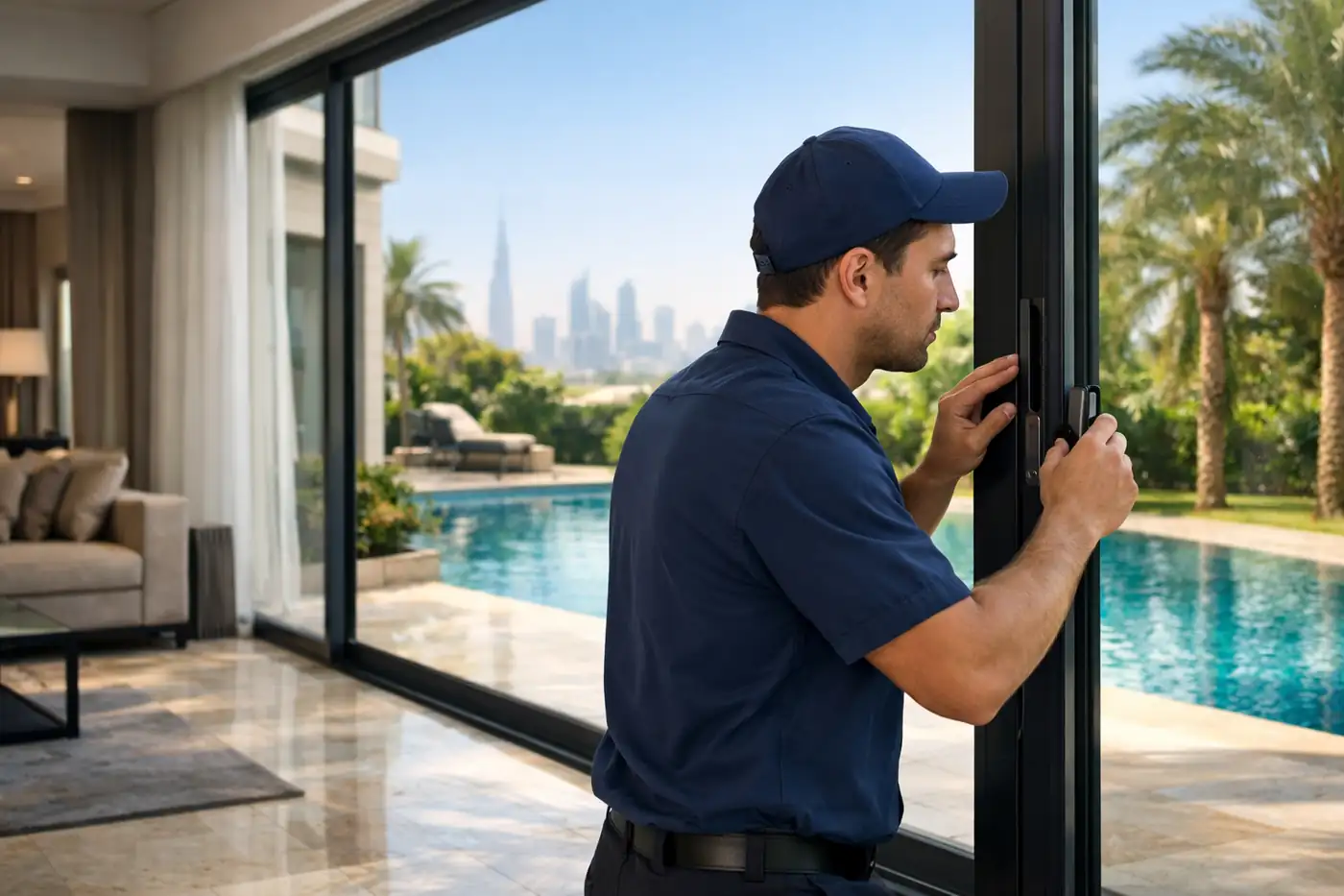 Locksmith inspecting sliding door lock in a Dubai villa