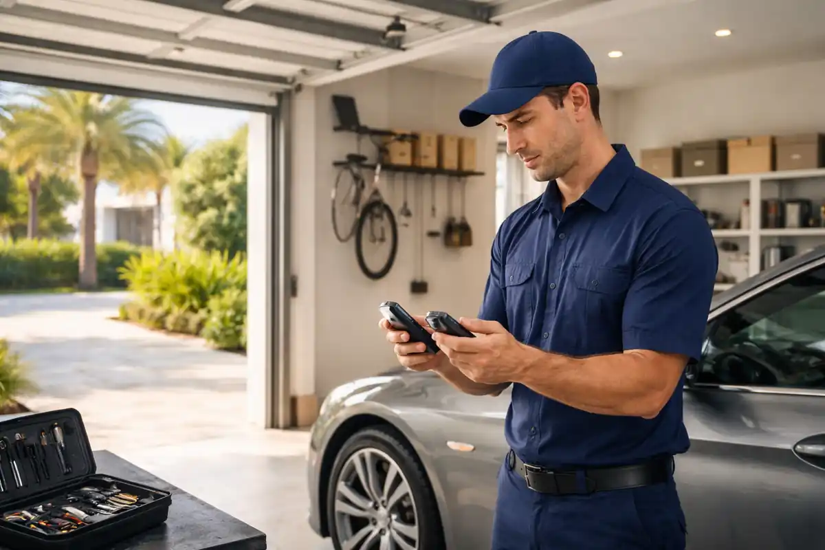Locksmith pairing garage remote controls in a Dubai villa garage