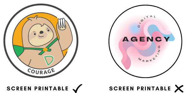 An image showing two different designs and which designs can be screen printed or not.