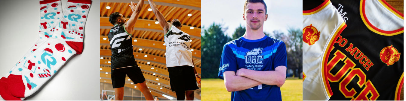 Images of sublimated products that we printed including socks and jerseys.