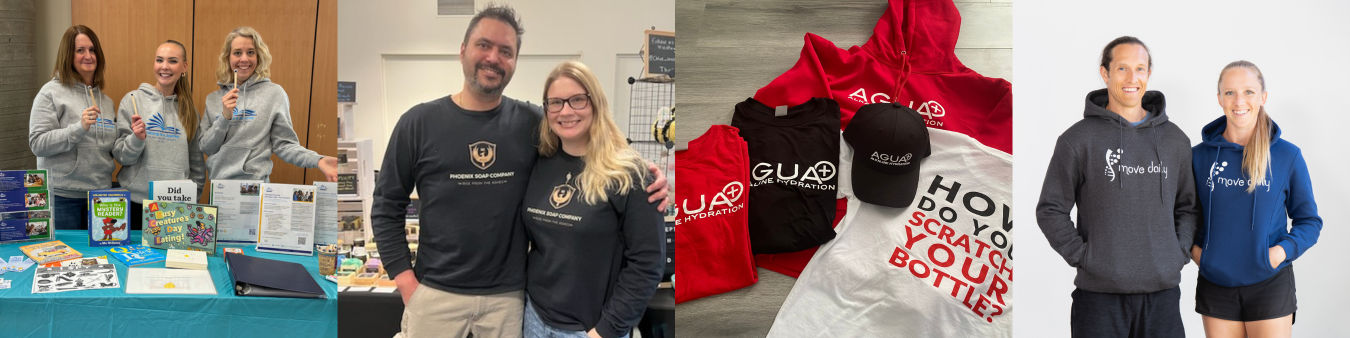 An image of companies who have used our custom merch to showcase their brand and company.