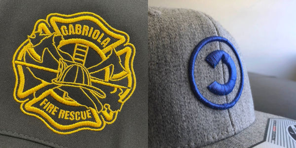 An image of a flat embroidery design and a puff embroidery design