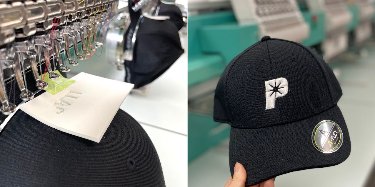 An image of the puff embroidery process showing the foam and a puff embroidery design.