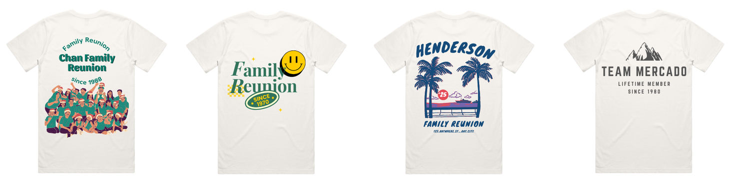 An image of a series of family reunion shirt designs