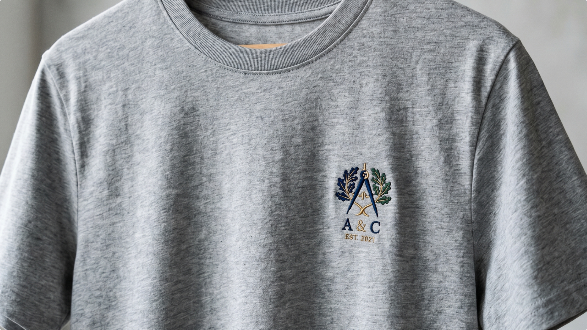 Close-up of an embroidered company logo on the chest of a grey t-shirt