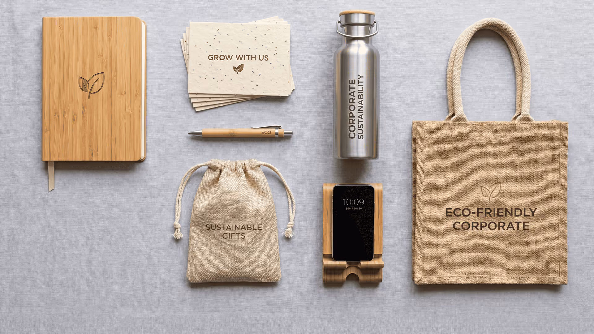 Eco-friendly corporate gifts including a notebook, bottle, tote bag, and accessories