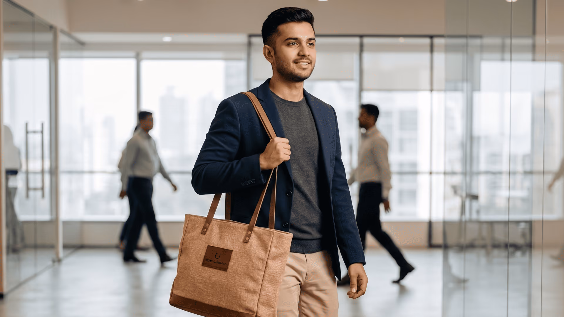 Professional carrying a branded corporate tote bag in an office