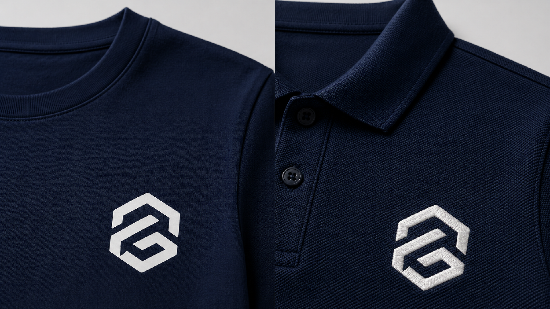 Close-up of navy blue T-shirt and polo shirt with white branded logo. - AllThingsustomized