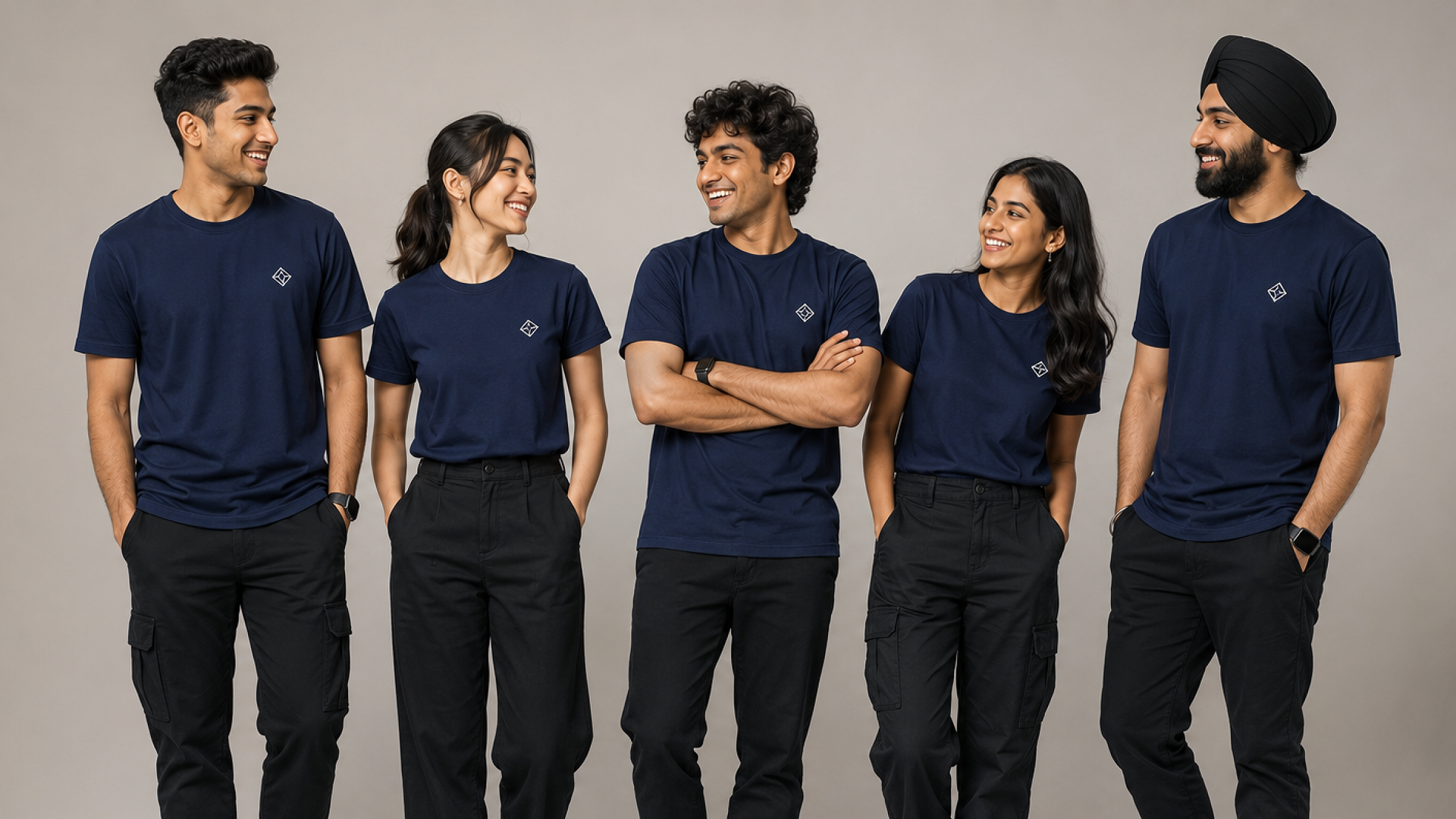 Group of five models wearing matching navy blue crew neck t-shirts, showcasing premium unisex team and corporate apparel - AllThingsustomized