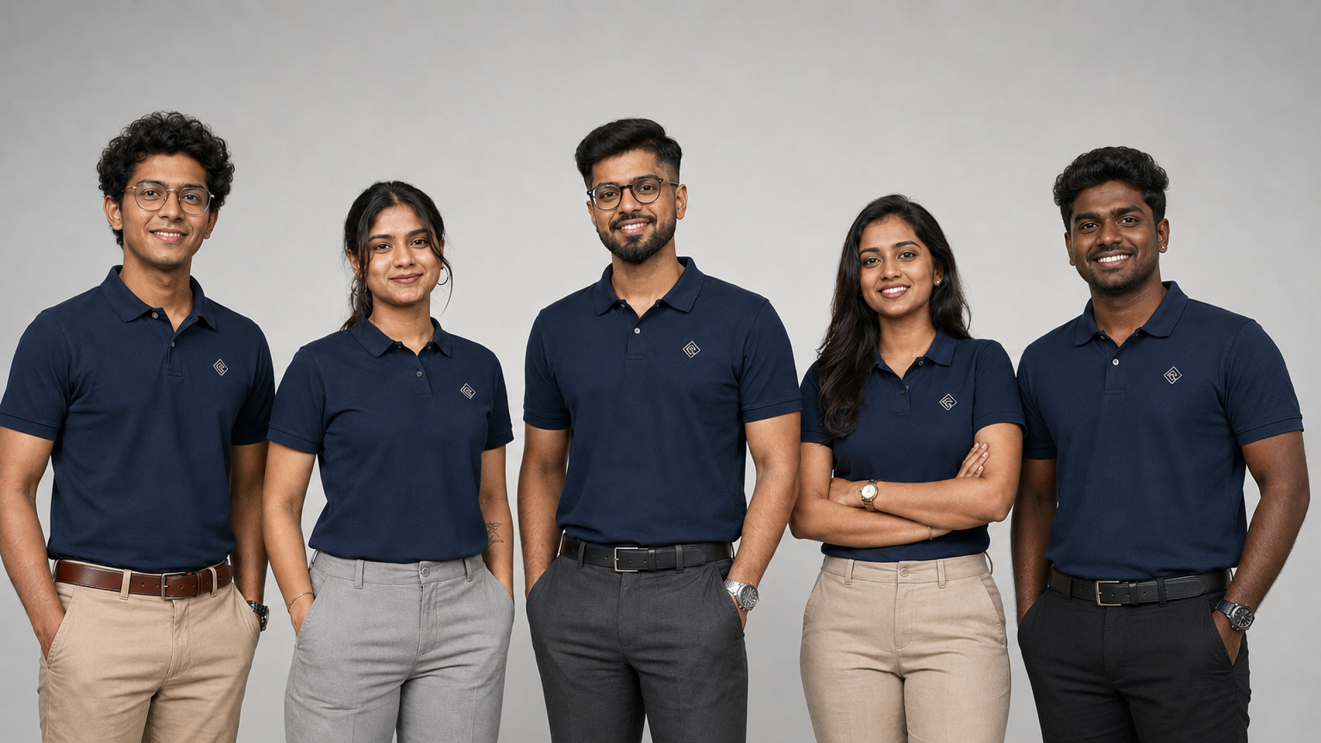 Group of five professionals wearing matching navy blue polo shirts for corporate uniforms and teamwear. - AllThingsustomized