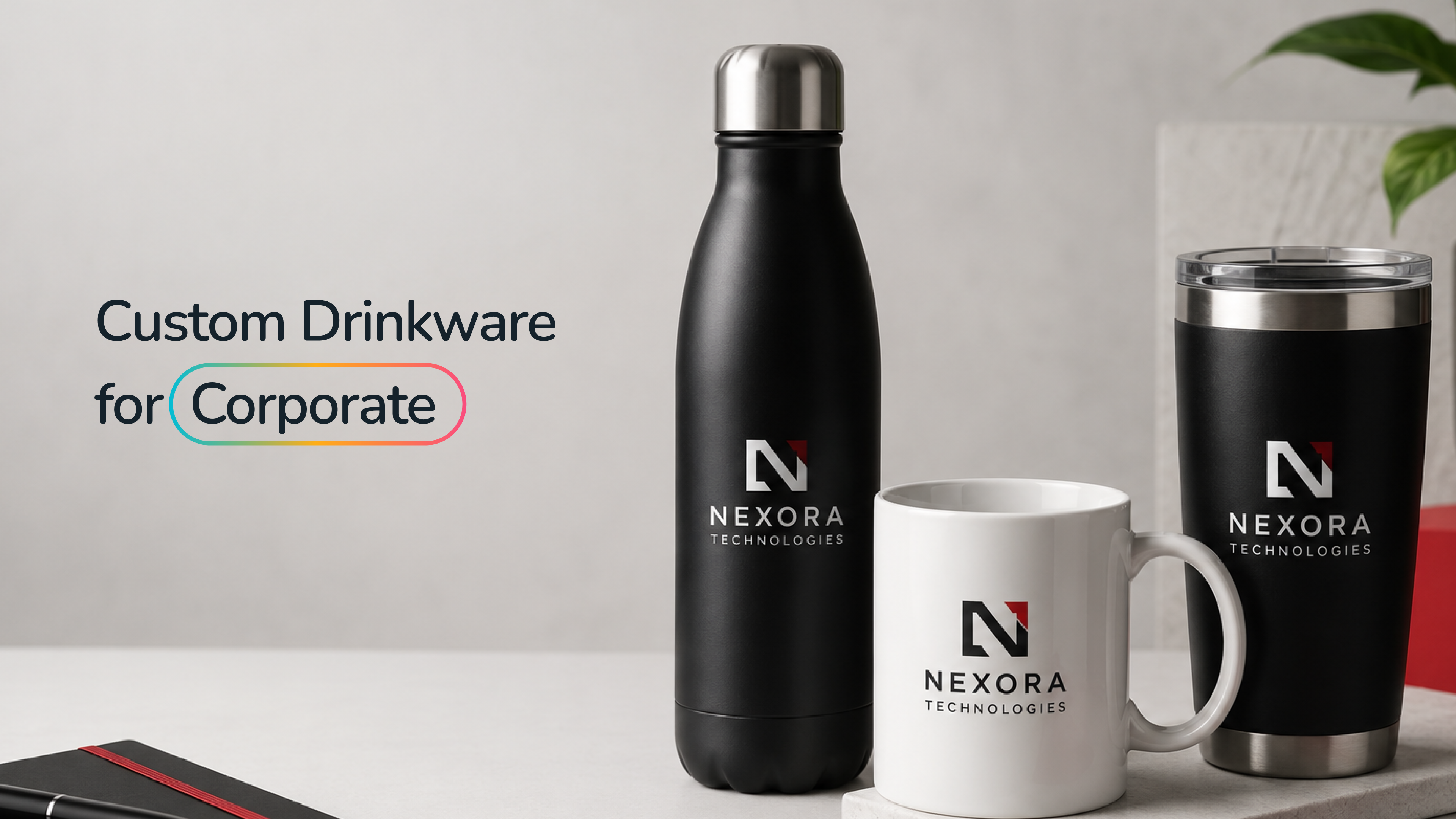 Custom branded drinkware for corporate use — personalised stainless steel bottle, ceramic mug and tumbler with company logo | ATC