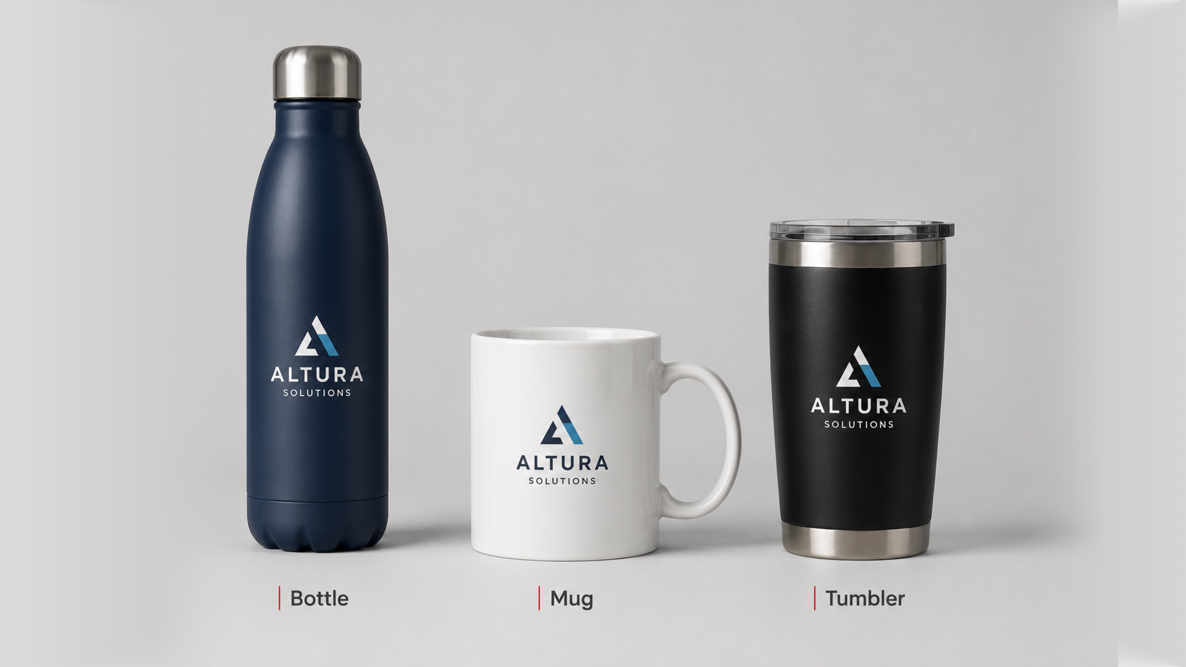 Custom branded stainless steel bottle, ceramic mug and insulated tumbler with company logo for corporate gifting India | ATC