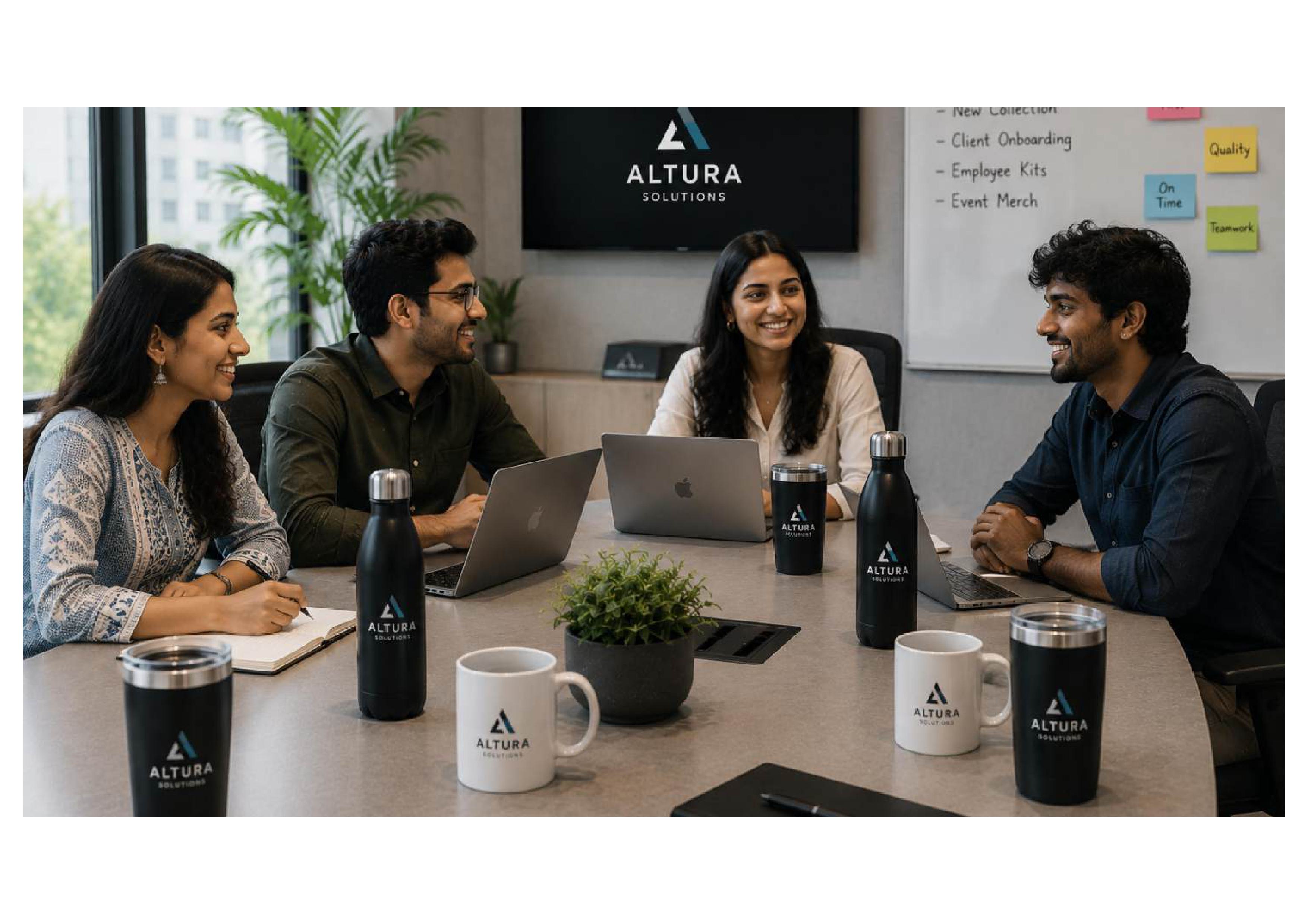 Indian corporate team using branded stainless steel bottles, ceramic mugs and insulated tumblers in office meeting | ATC