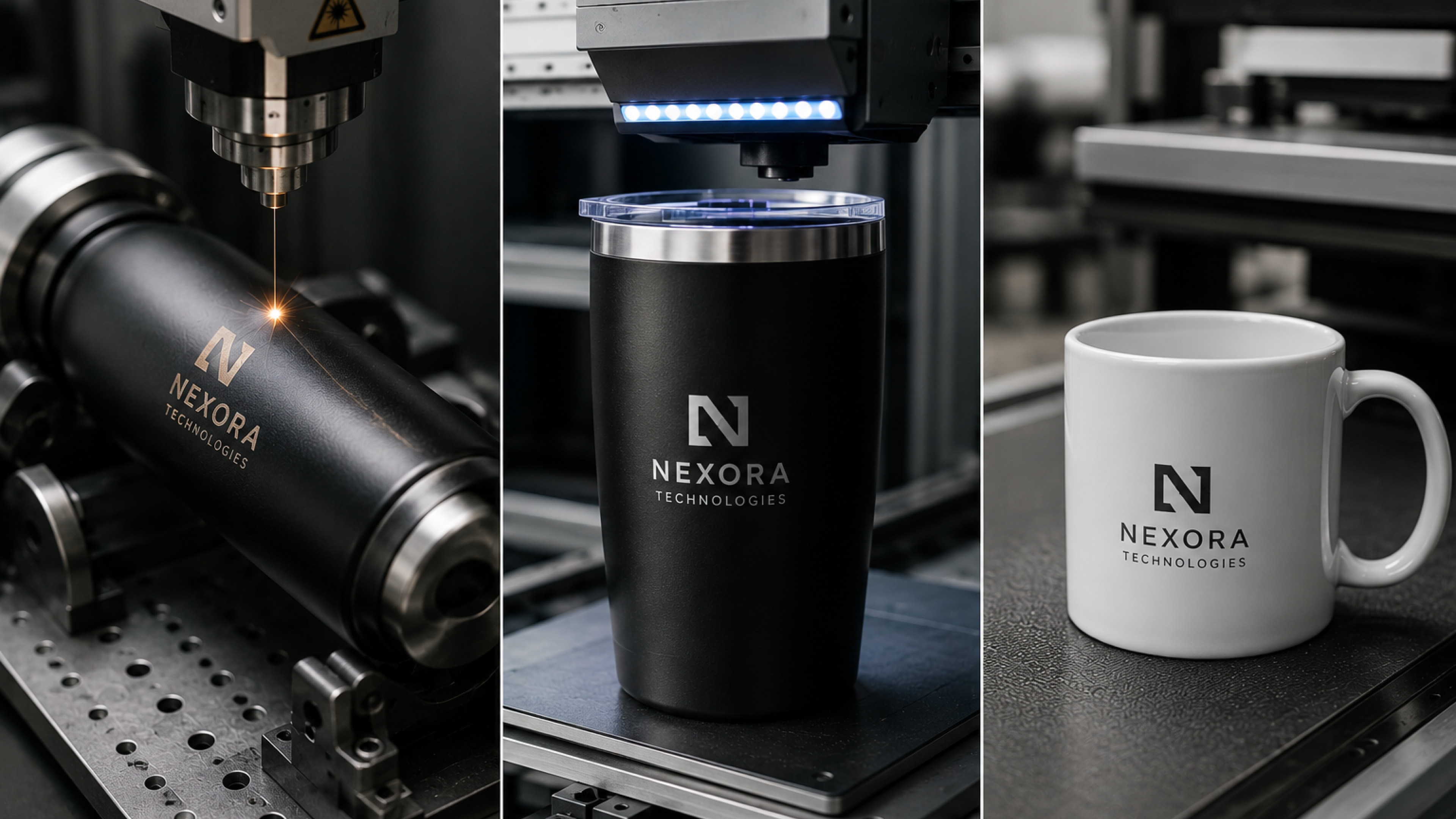Laser engraving company logo on custom branded drinkware — stainless steel tumbler and ceramic mug customisation process | ATC