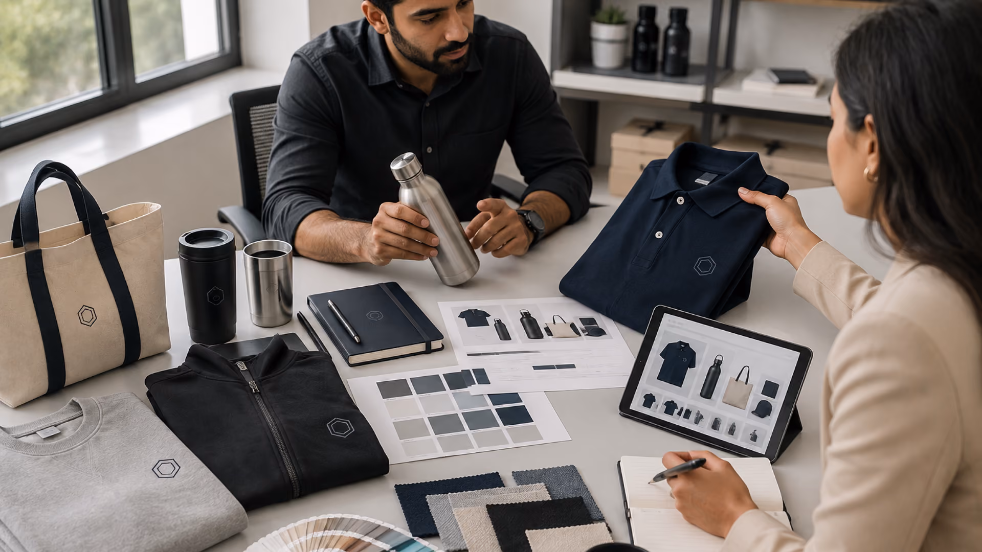 Two people reviewing customized branded apparel and promotional products, including polo shirts, jackets, bags, bottles, notebooks, and fabric samples, with product mockups and color palettes on a table.