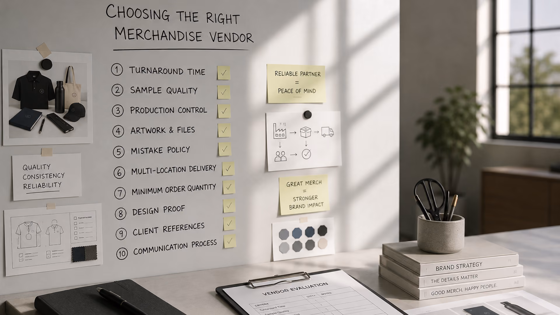 A merchandise planning board outlining key criteria for choosing a vendor, surrounded by branded apparel, product samples, fabric swatches, and a vendor evaluation sheet.