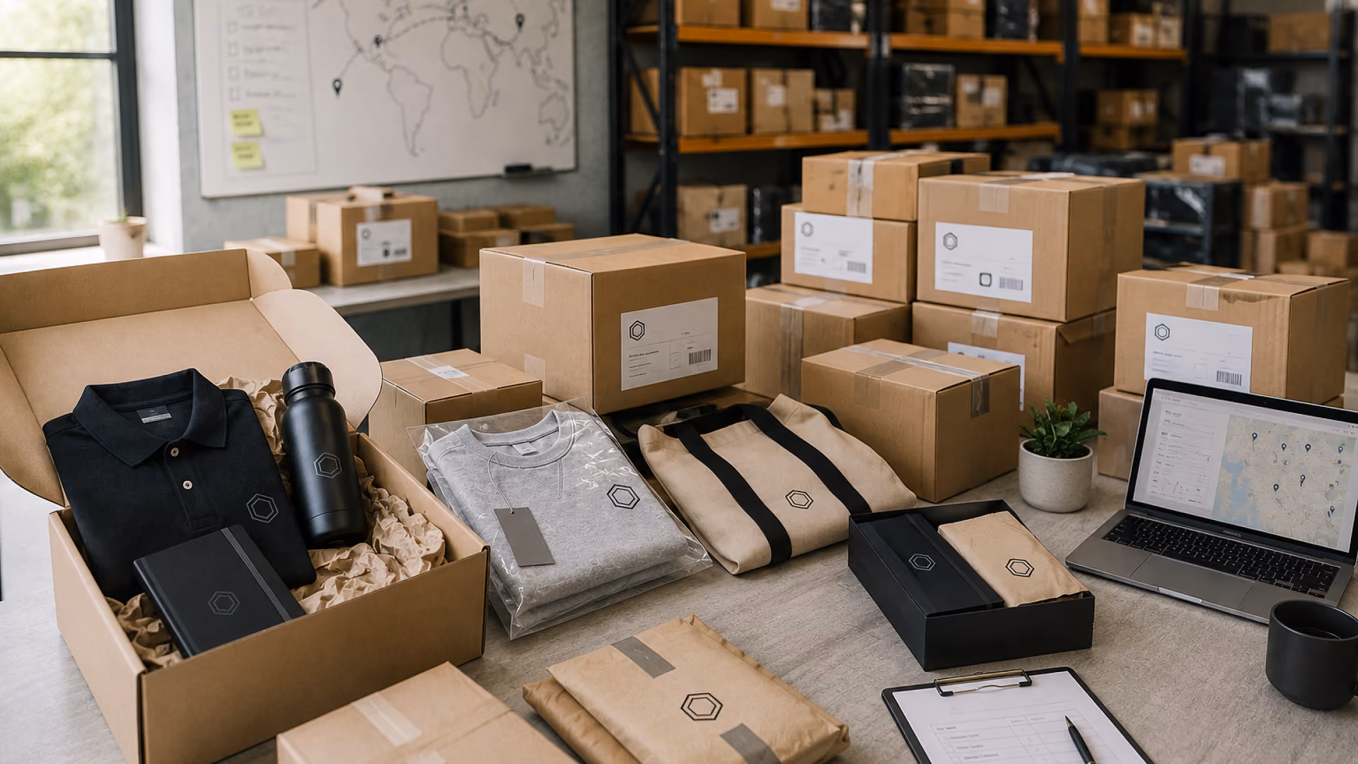 A workspace filled with packaged branded merchandise, including apparel, bottles, tote bags, notebooks, and gift boxes, with shipping boxes and a laptop displaying a delivery map.