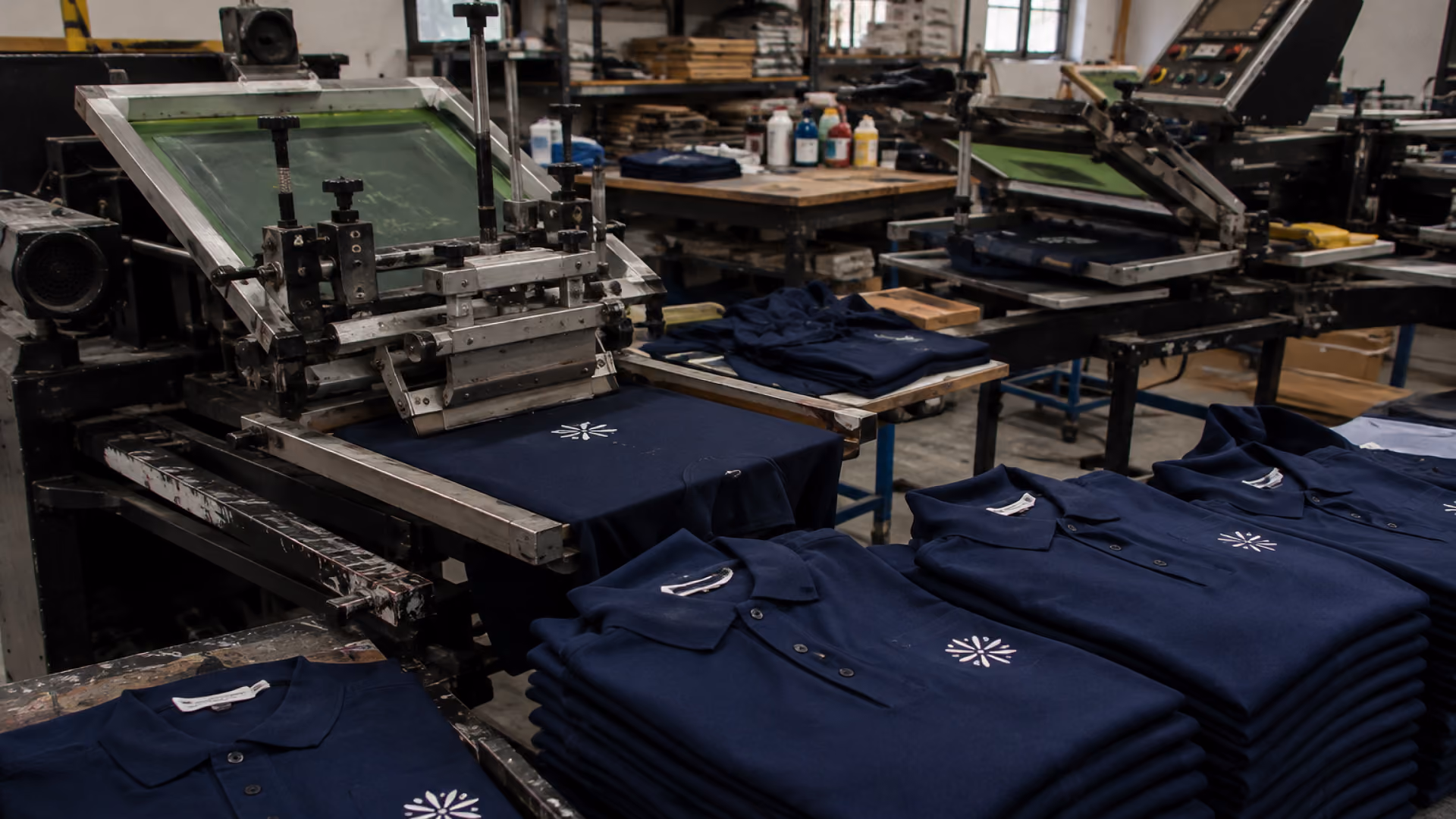 Screen printing machine producing navy blue polo shirts in a garment workshop.