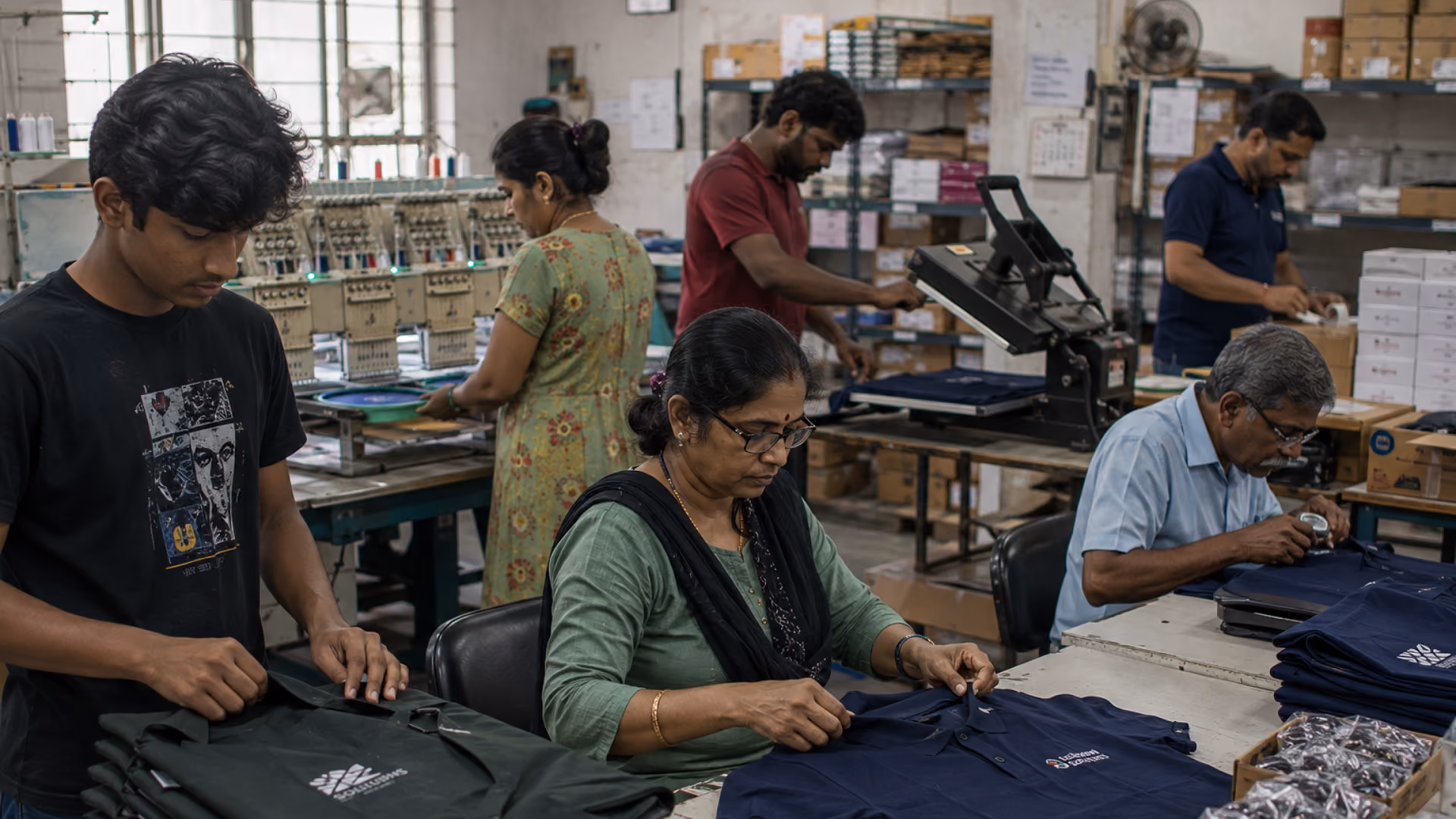 Garment workers inspecting and finishing polo shirts in a clothing manufacturing workshop.