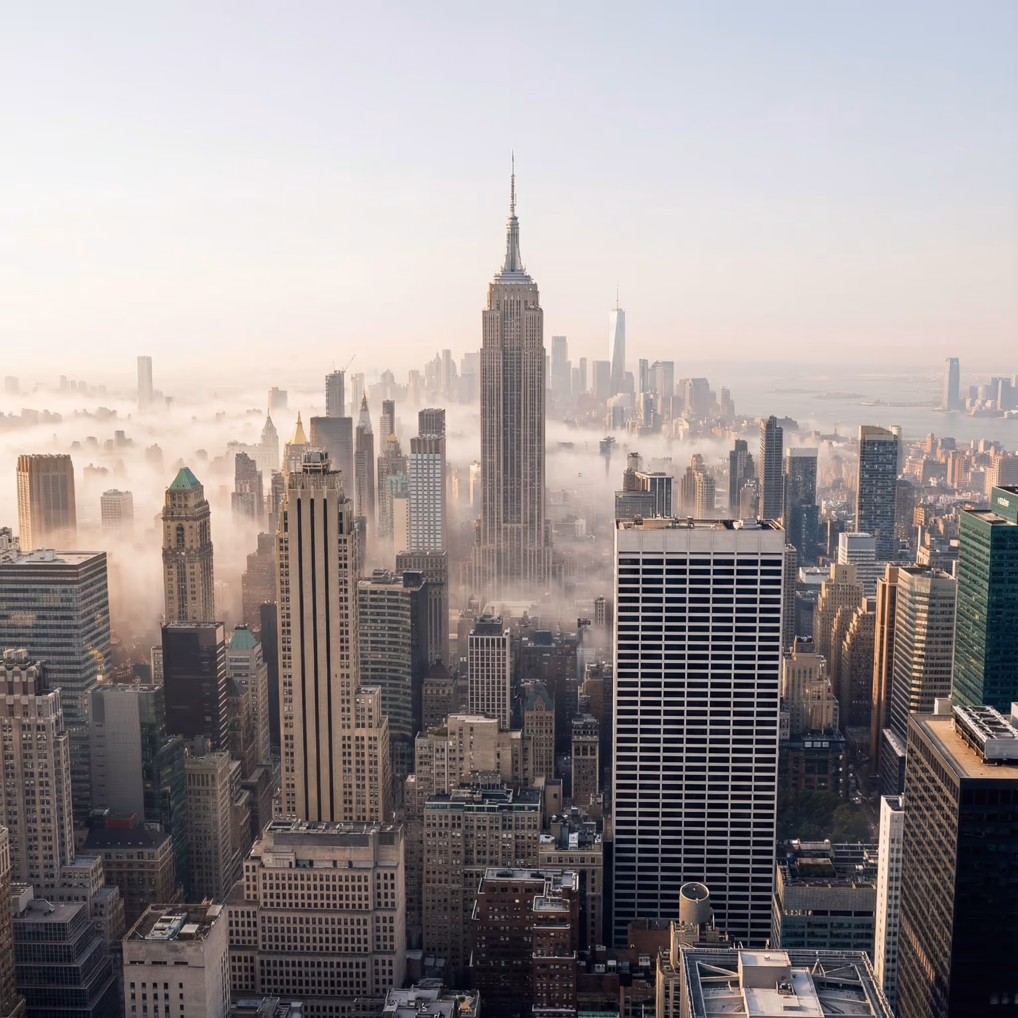 New York City skyline with the Empire State Building rising above fog covering lower skyscrapers.