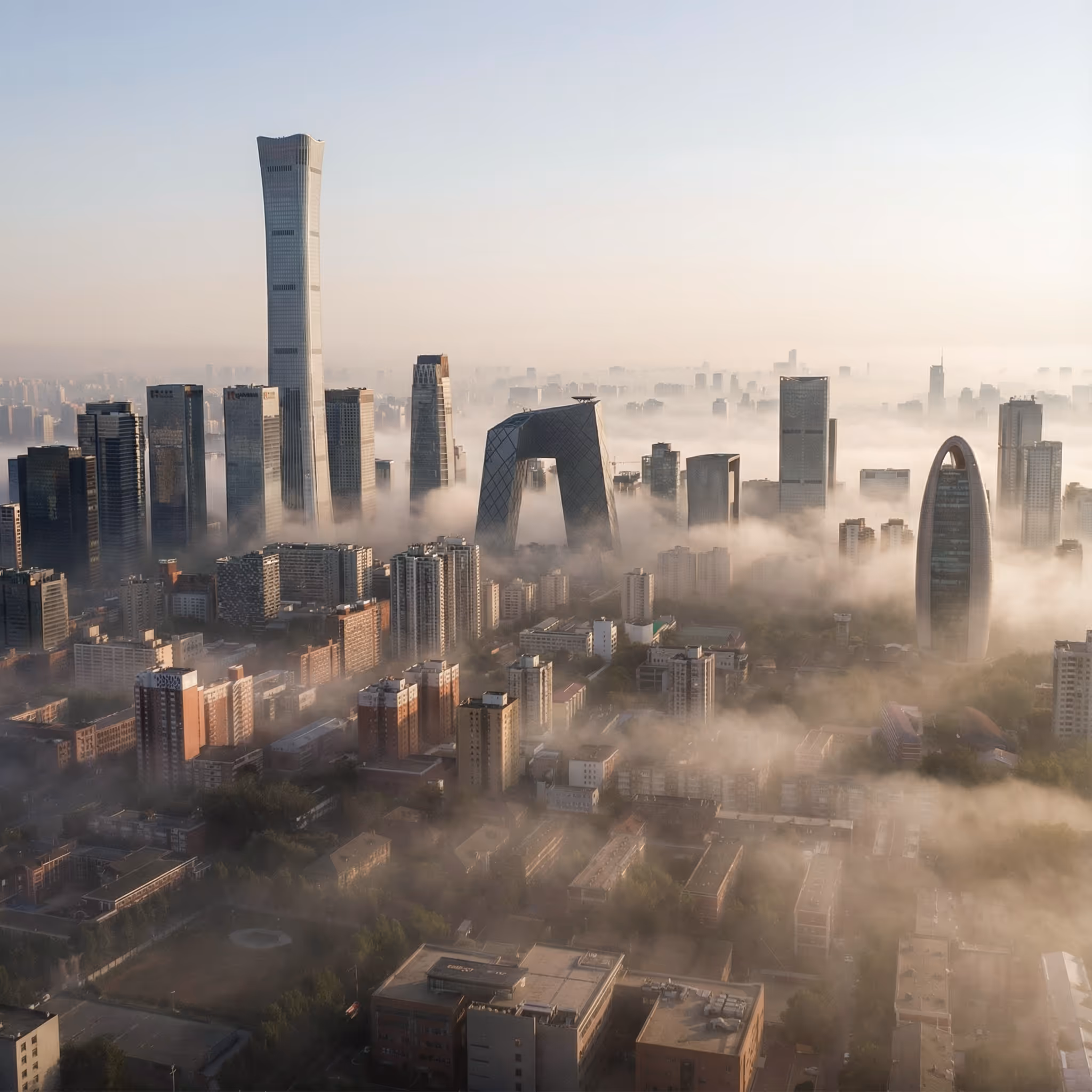 Beijing cityscape with skyscrapers emerging through low fog during sunrise.