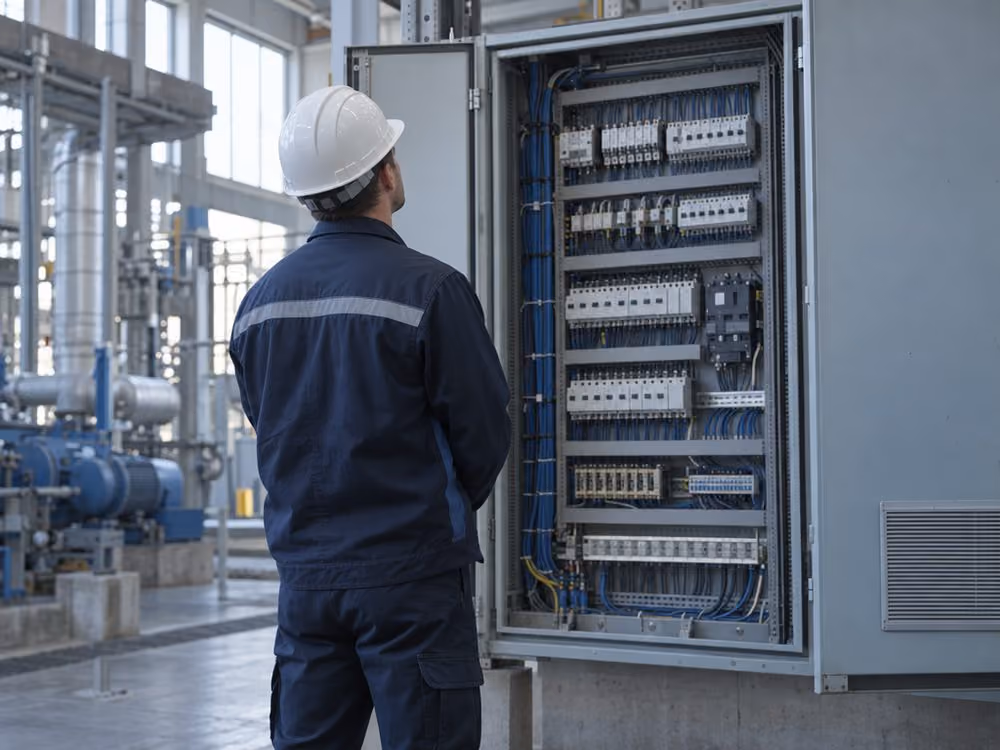 Field inspection engineer examining an open industrial electrical control panel on site