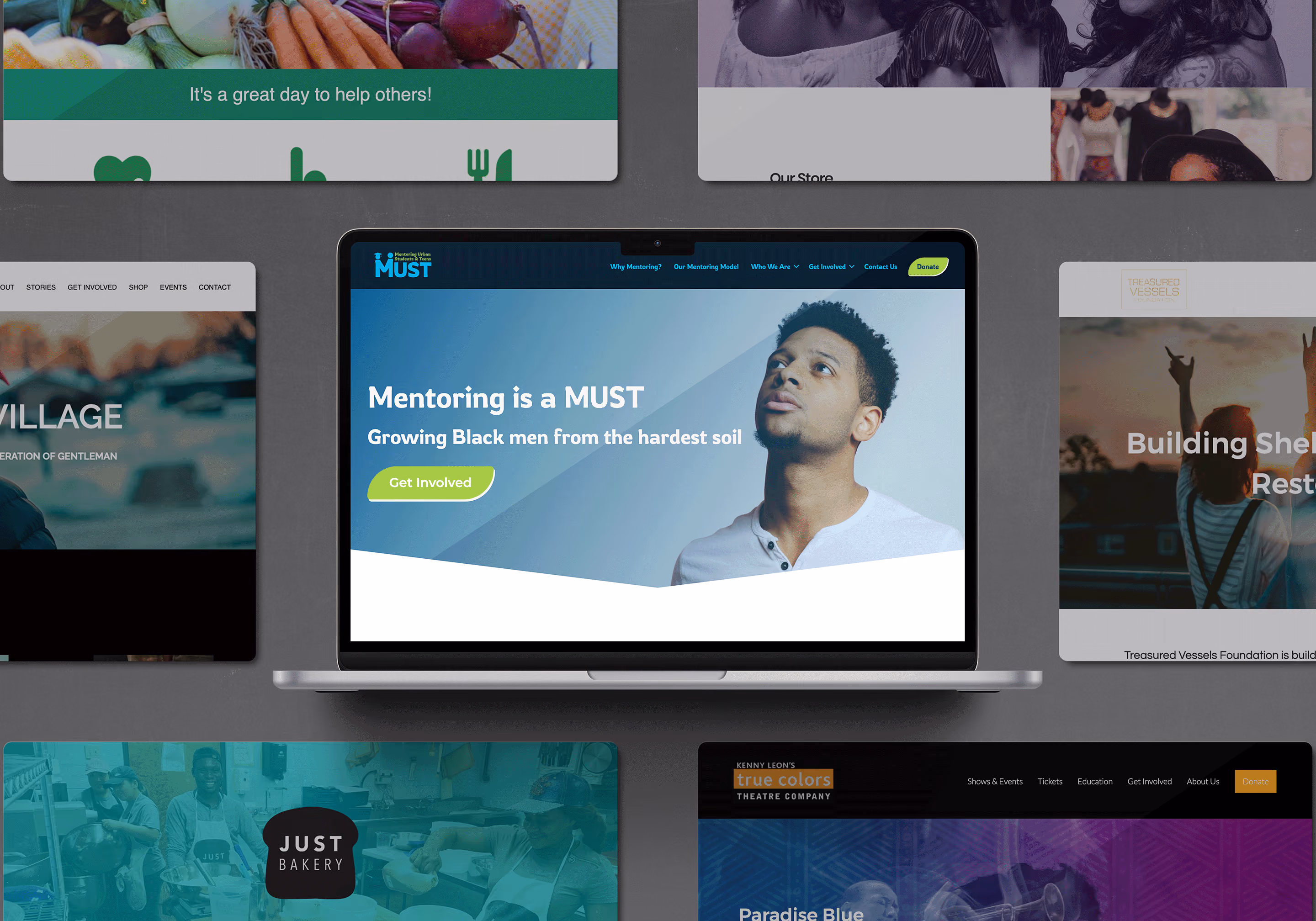 Laptop displaying MUST mentoring site with slogan growing Black men from hardest soil and Get Involved button.