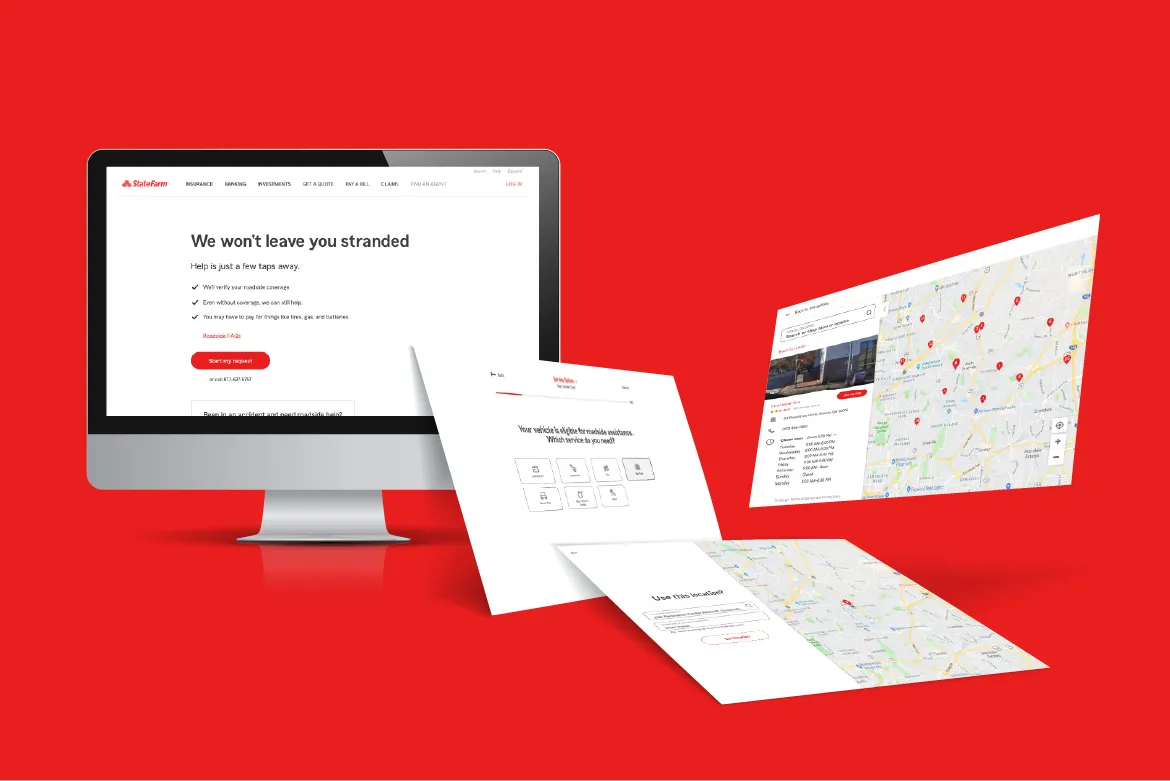 Desktop computer displays State Farm roadside assistance webpage with floating screens showing vehicle service options and a map with location pins.