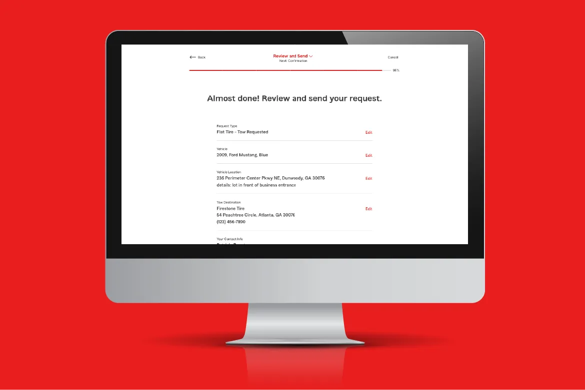 Computer screen displaying a vehicle service request form with details for a flat tire tow request including vehicle, location, and tow destination.