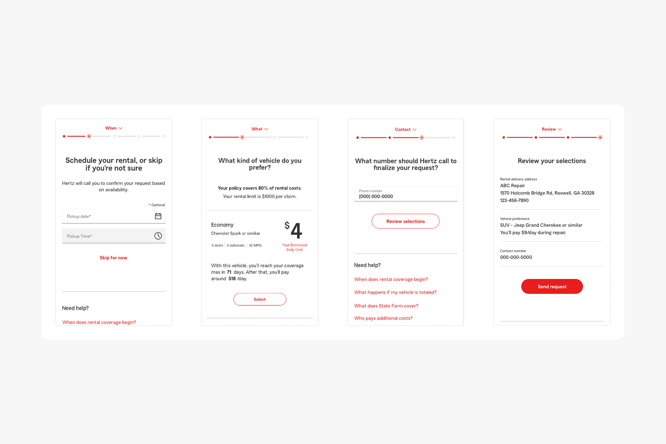 Four-step rental scheduling interface showing sections for scheduling date and time, selecting vehicle type with estimated daily cost, entering contact phone number, and reviewing selections with final submit button.