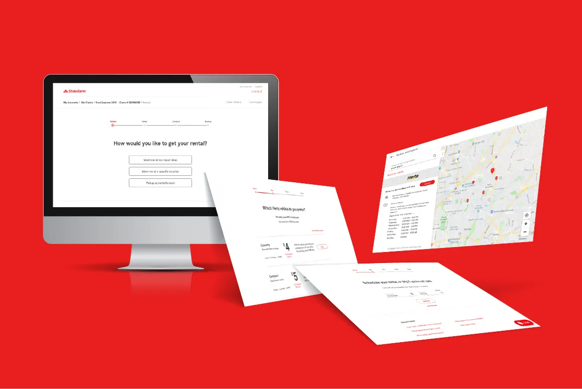 Computer screen displaying an online car rental interface with options to select rental pickup, vehicle choice, payment method, and nearby rental locations on a map.