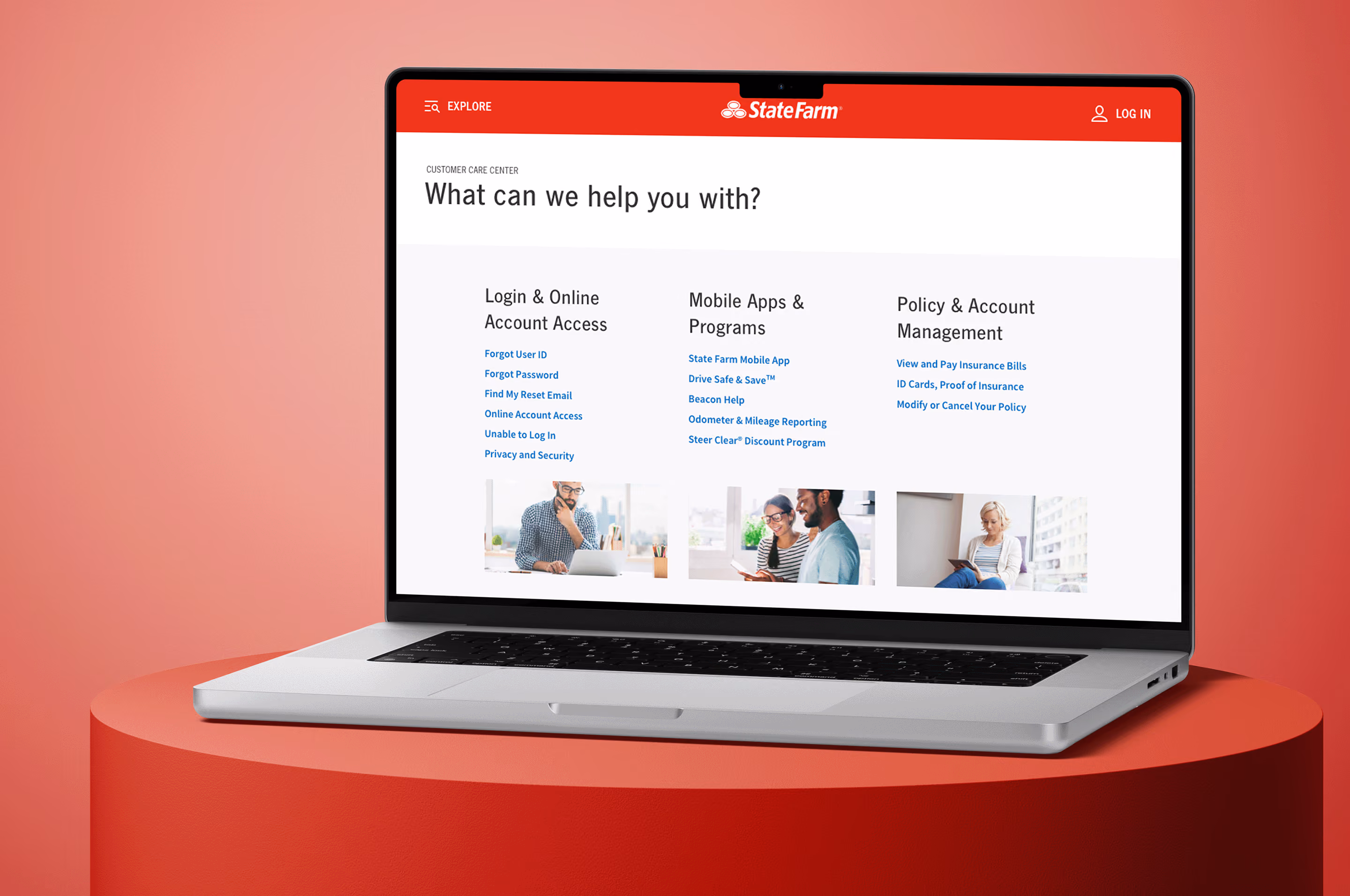 Modern workspace with an iMac and a laptop showing State Farm customer care website pages on a wooden desk by a window.