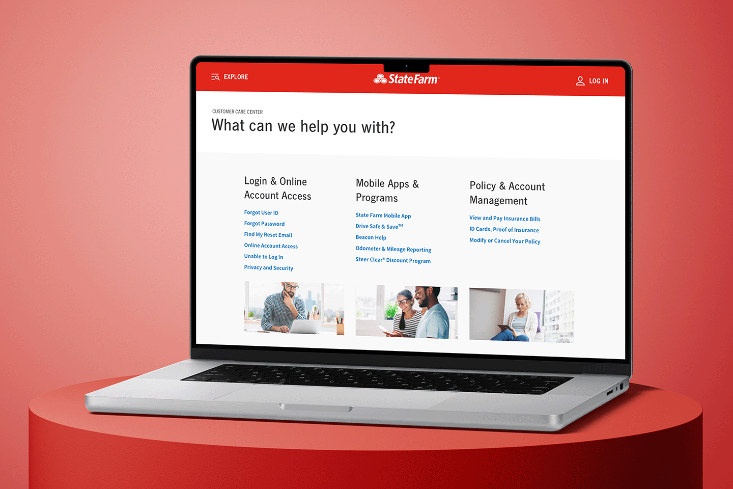 Modern workspace with an iMac and a laptop showing State Farm customer care website pages on a wooden desk by a window.