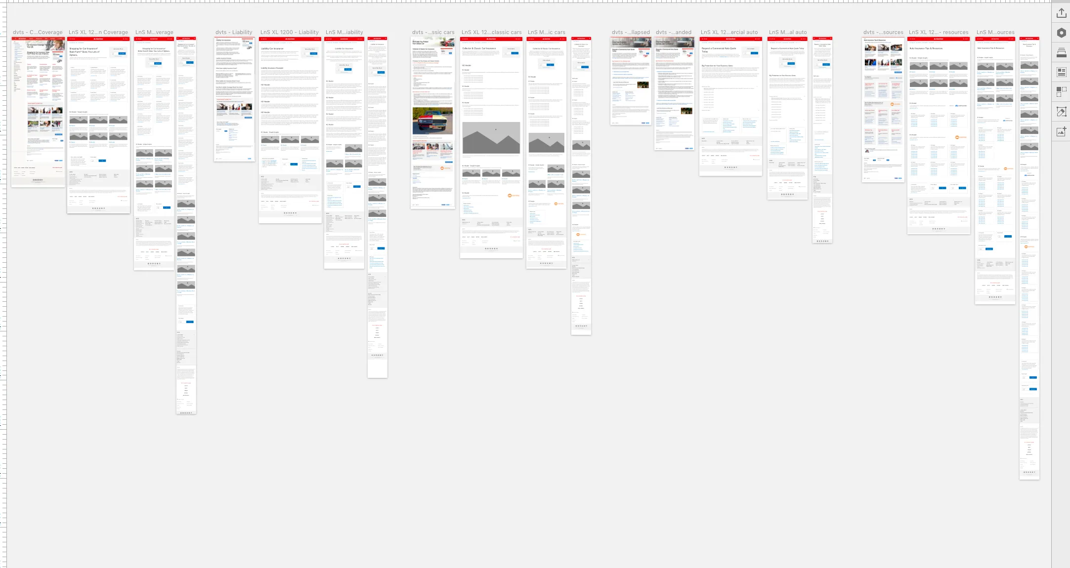Thumbnail view of multiple webpage designs or wireframes displayed side-by-side, showcasing text, headings, images, buttons, and layout elements for a web project.