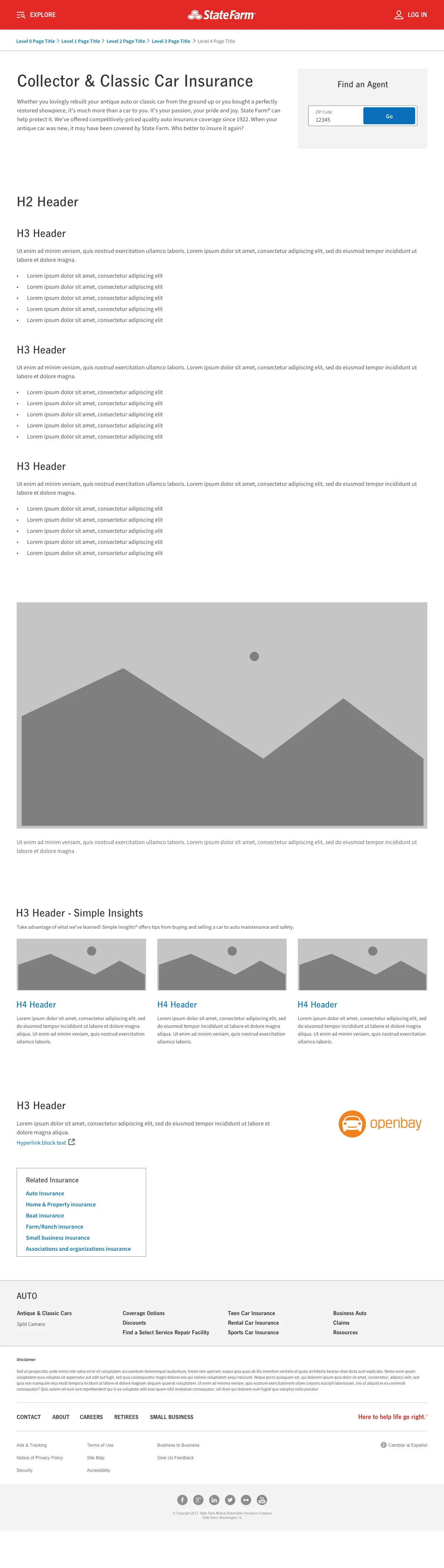 State Farm insurance webpage for Collector & Classic Car Insurance with sections for agent locator, informational headers, placeholder images, related insurance links, and footer navigation.