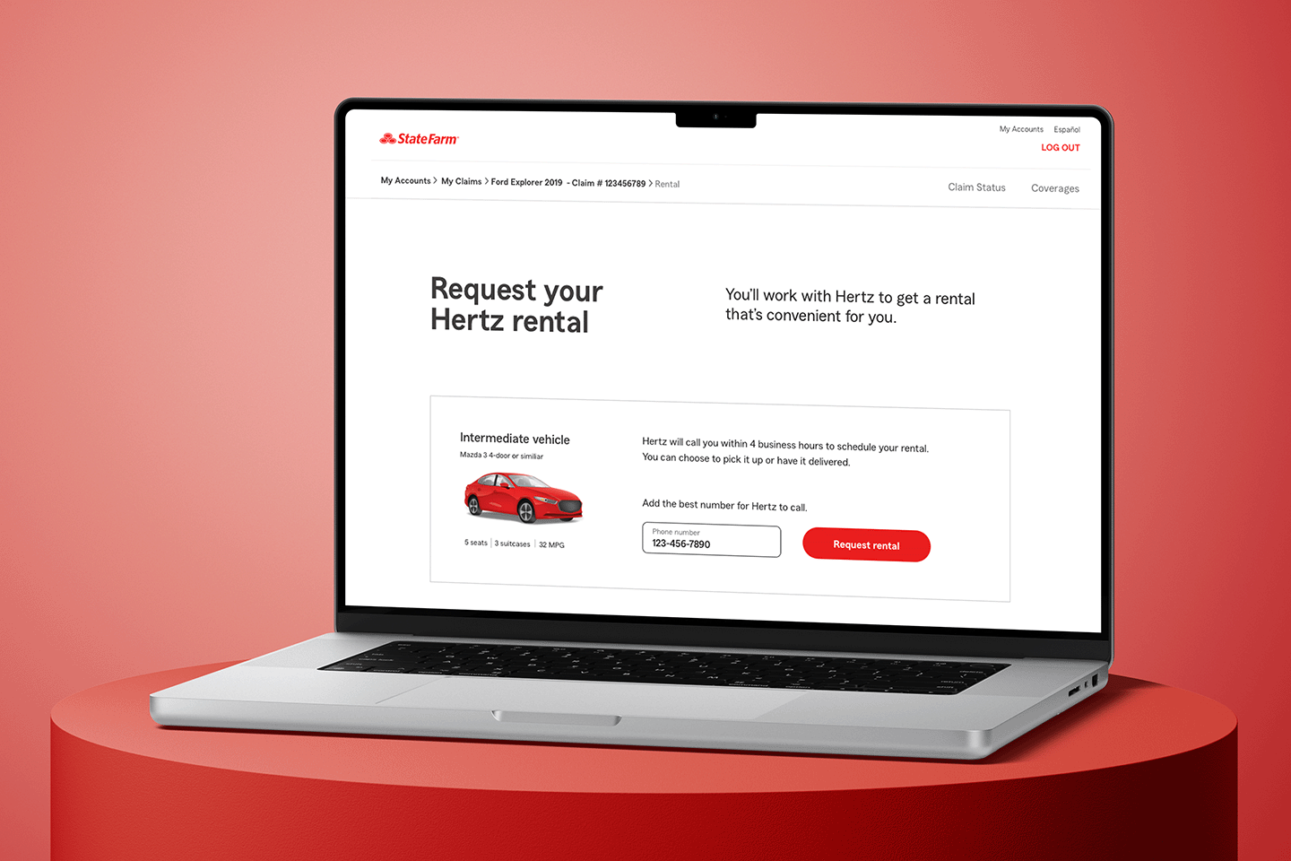 Laptop and smartphone on a white desk displaying a State Farm webpage to request a Hertz rental car.