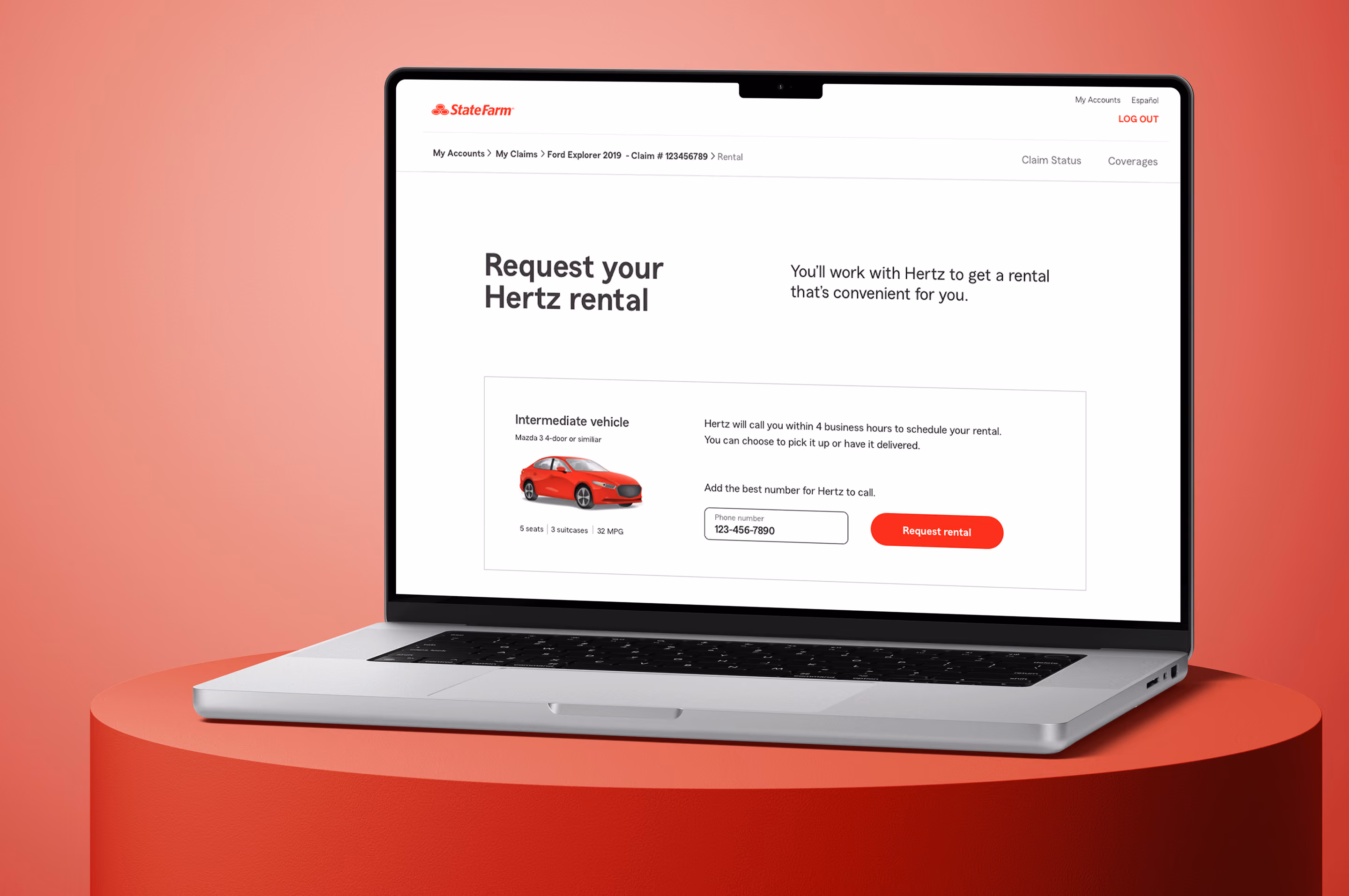 Laptop and smartphone on a white desk displaying a State Farm webpage to request a Hertz rental car.